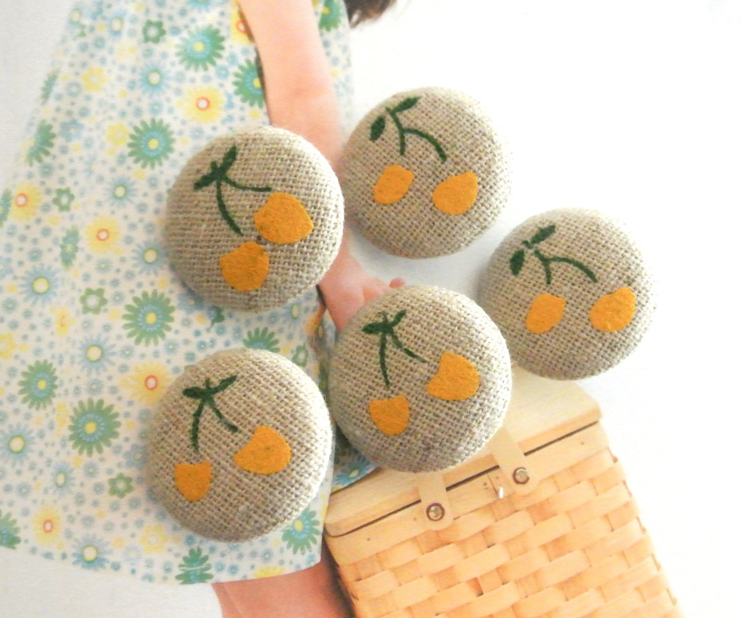 Handmade Fabric Buttons - Kawaii Yellow Beige Cherry Fruit Handmade Cloth Fabric Buttons 1 Inch 5's