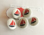 Handmade Fabric Buttons - Small Beige Red Blue Sailboat Boat Nautical Marine Fabric Covered Buttons 0.75 Inch 5's