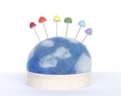 Pincushion Gift Set with Rainbow Mushroom Pins - Blue Sky and Clouds Pin Cushion Ready To Ship