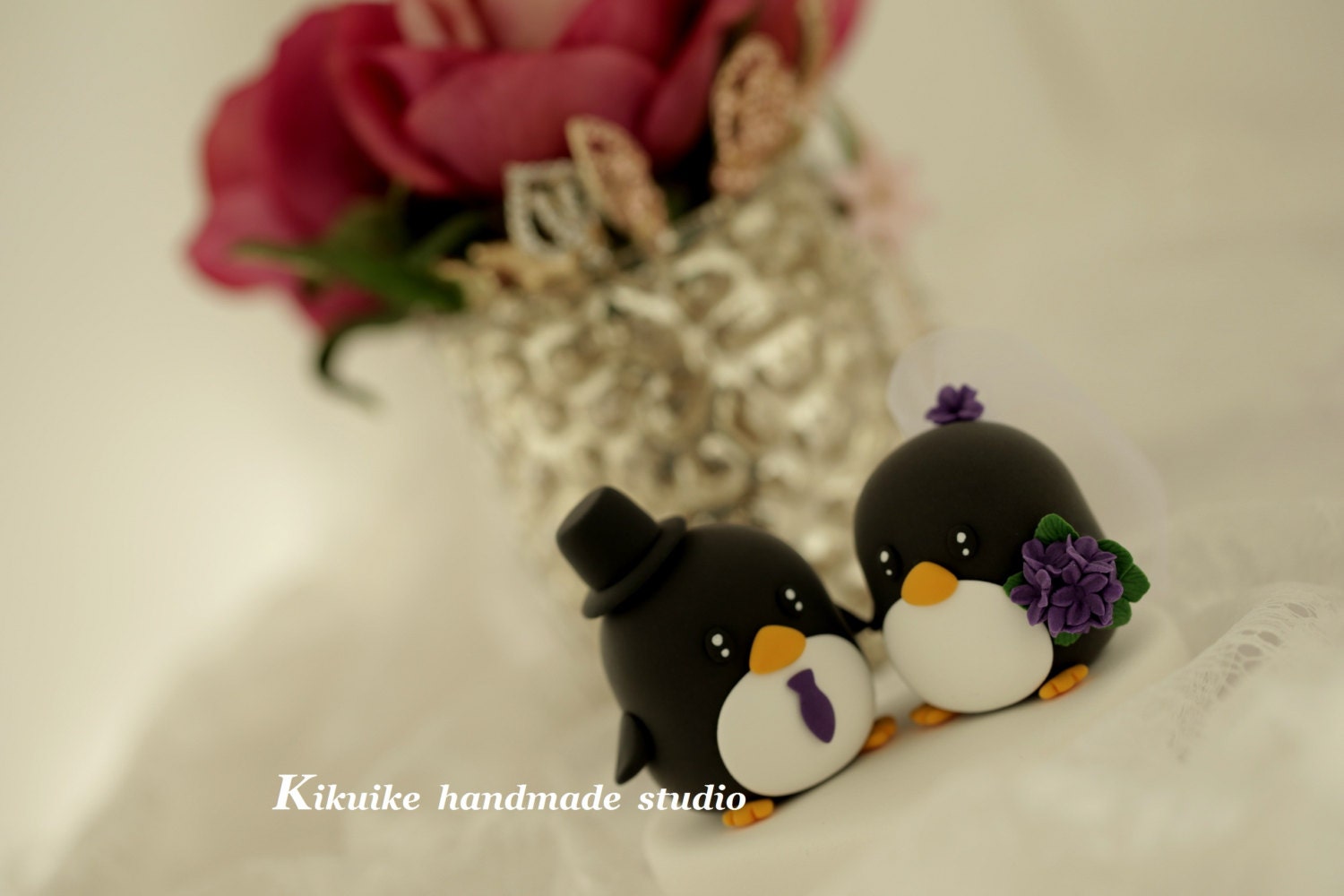 Custom  penguins bride and groom wedding cake topper