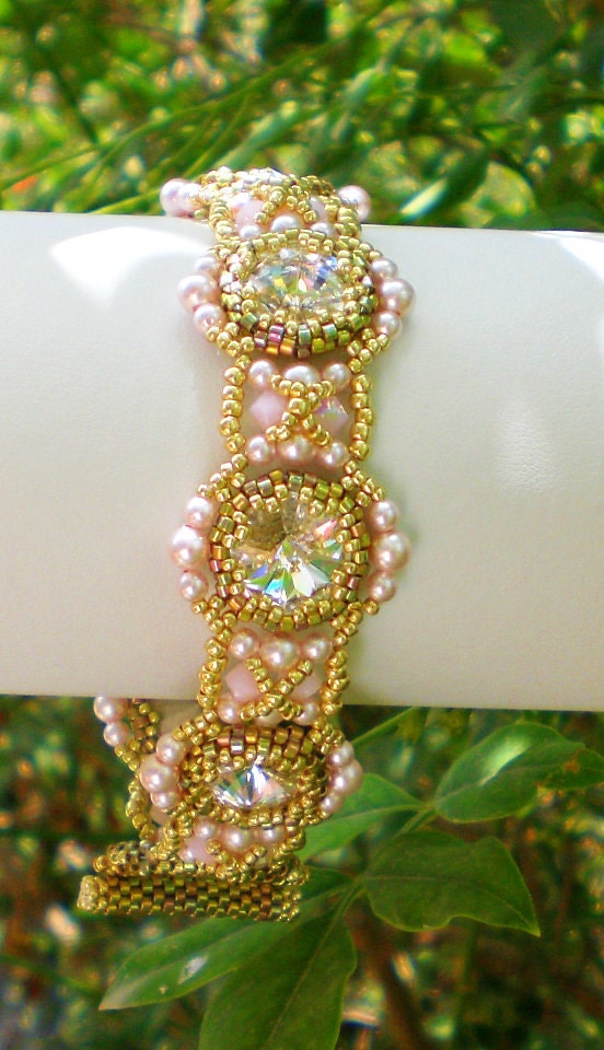 Rivoli Bracelet  Pink Gold Beadwoven Beaded Beadwork Beadweaving Jewelry Unique  June Bride