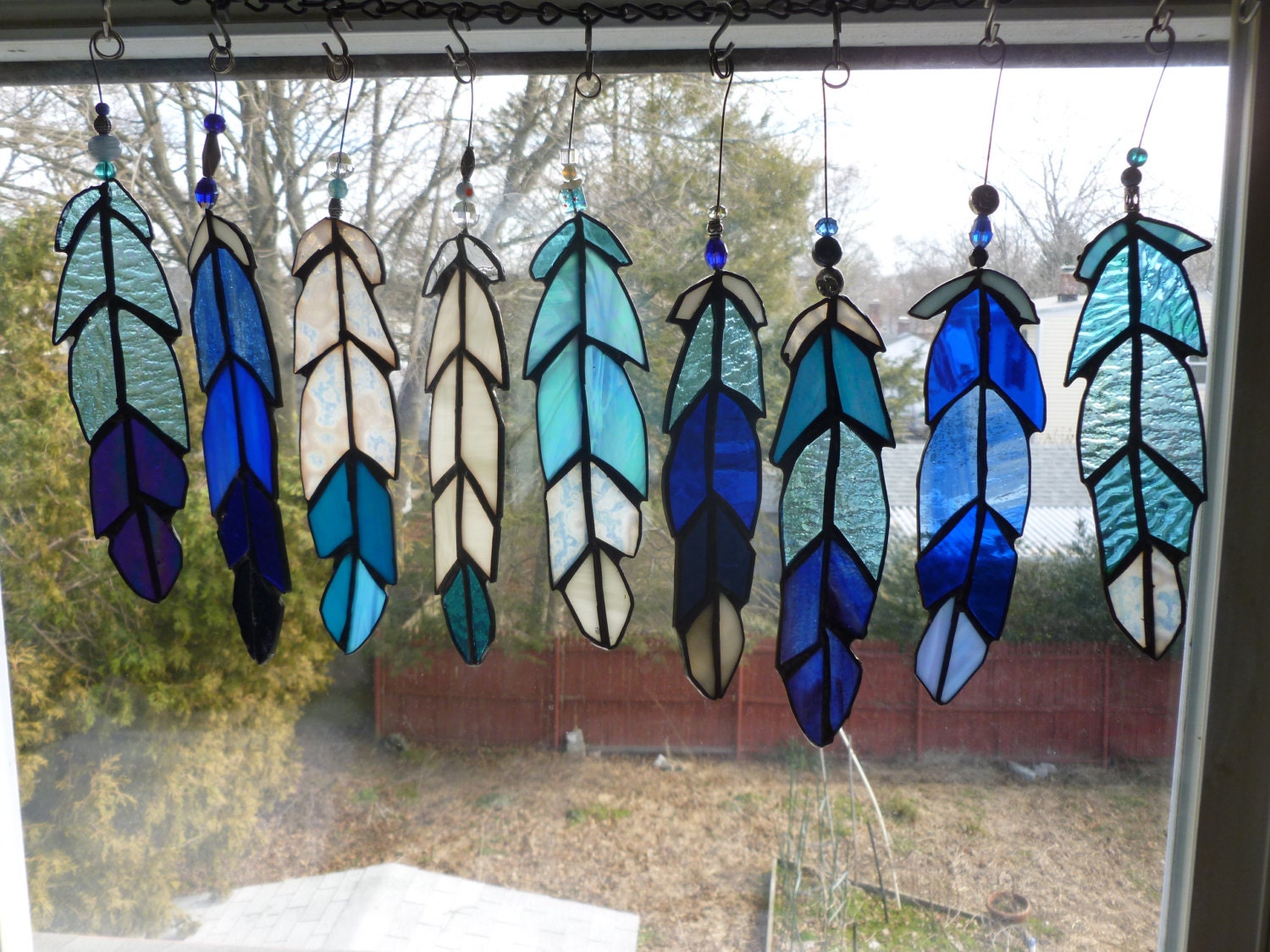 Indian Chief  Eagle Osprey Bird Feather  in blues stained glass with beads
