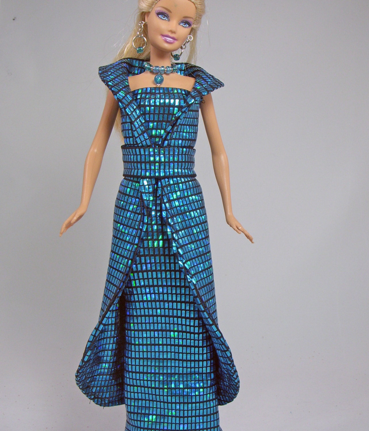 OOAK Aqua Barbie Evening Dress with matching cape and Jewelry