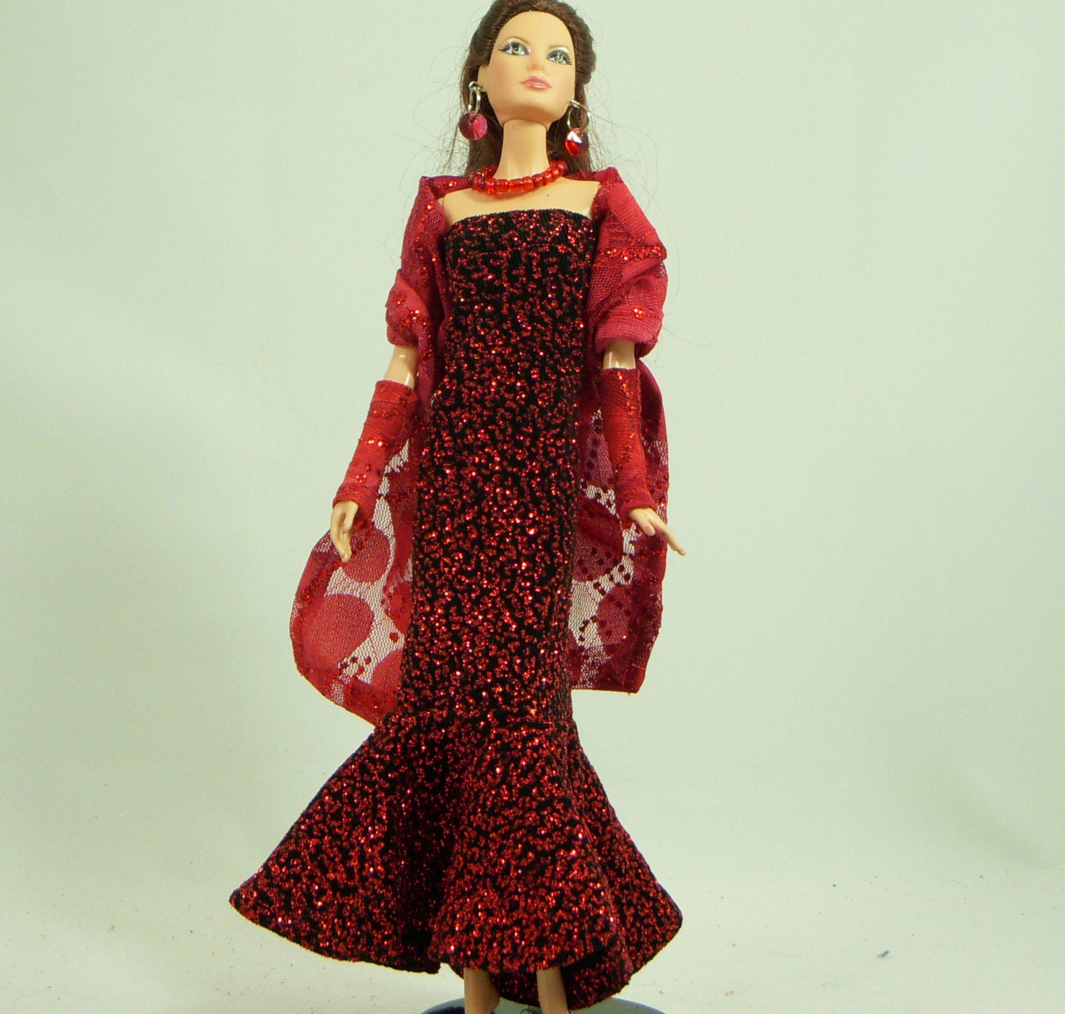 OOAK Red Metallic Barbie Evening Dress with Matching Shawl, Wristlets, and Jewelry