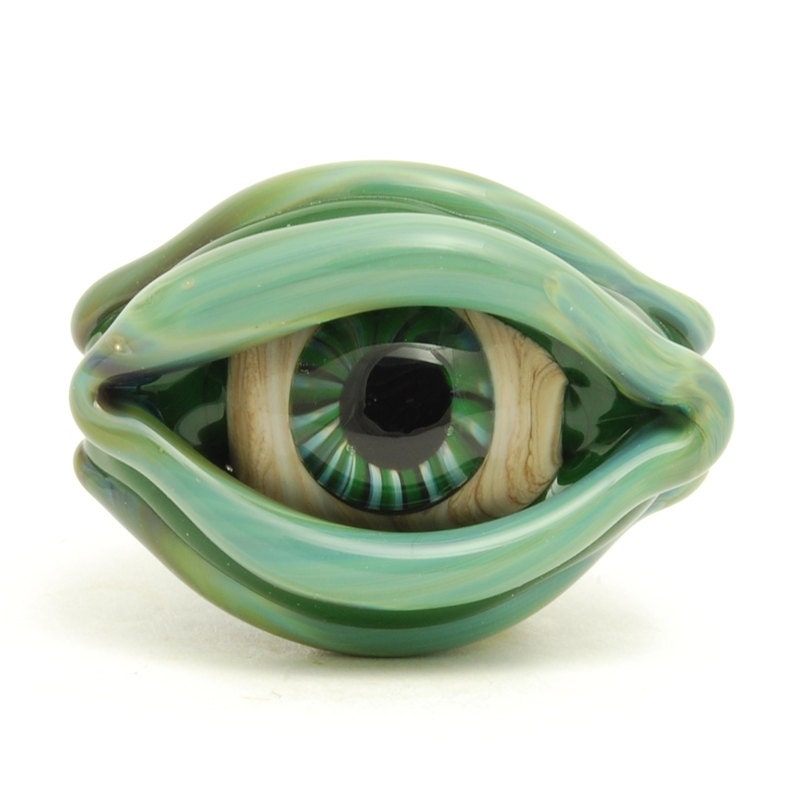 Green Evil Eye 3 Sided Lampwork Glass Bead, Handmade Jewelry Supplies, Craft Supplies, OOAK, SRA