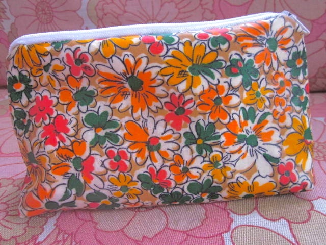 Make-Up Case - Vintage 1970s Orange Flowers Oilcloth Fabric