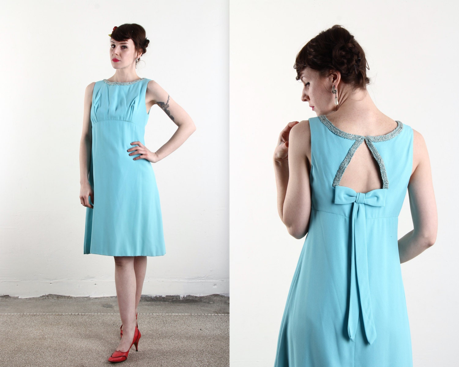 Vintage 60s Dress . Cut Out Back . Robins Egg Blue