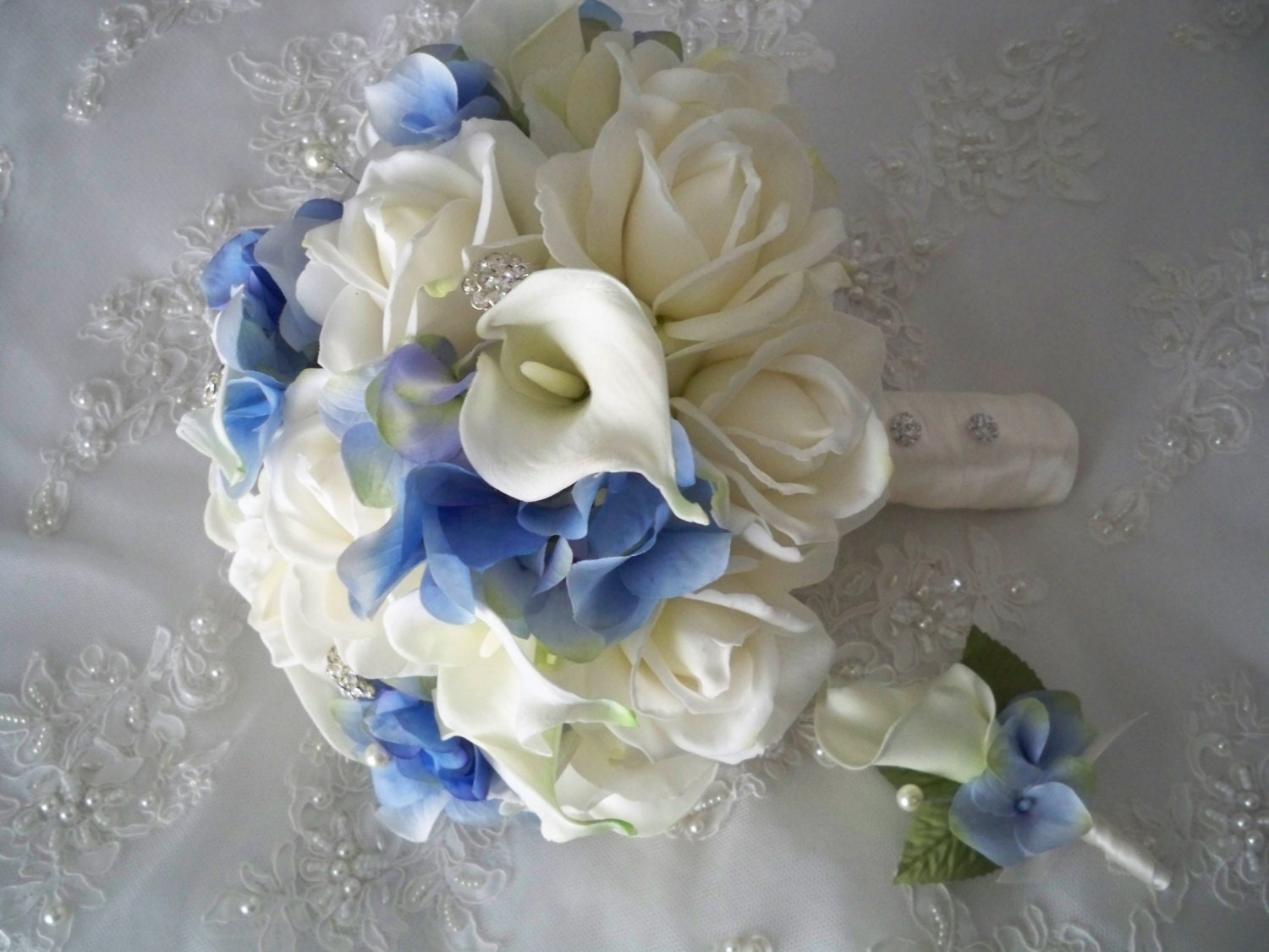 Blue Silk Hydrangea and White Realtouch Calla Lilies and Roses Pearls Bridal Beach Bouquet Set