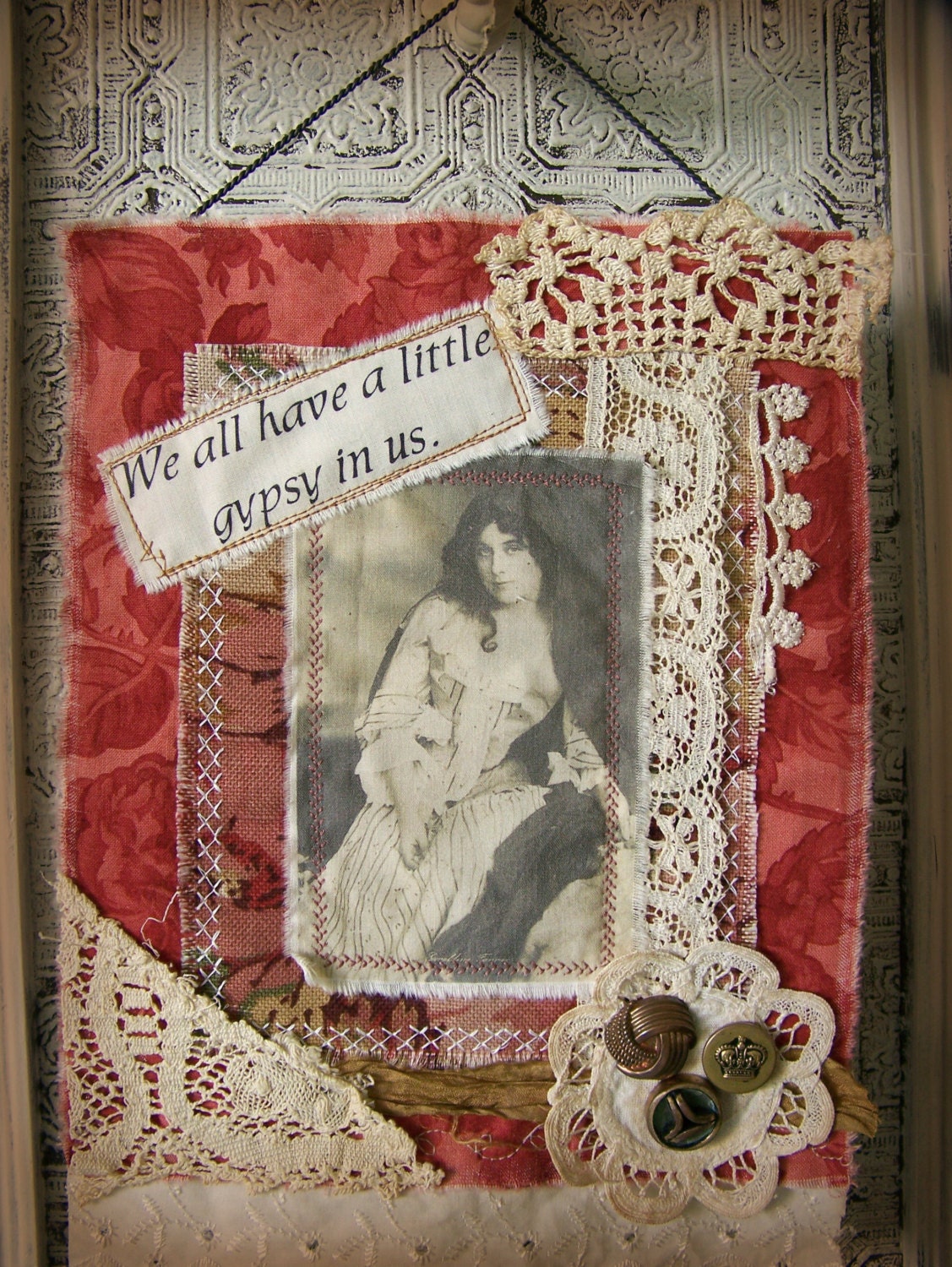 Original  Gypsy Art Gypsy Collage Vintage Gypsy  Wall Hanging Mixed Media Fabric Collage Crazy Quilt  Vintage Style Decor Red Floral Shabby