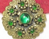 Old C Clasp Layered Emerald Green Rhinestone and Cabochon Brooch