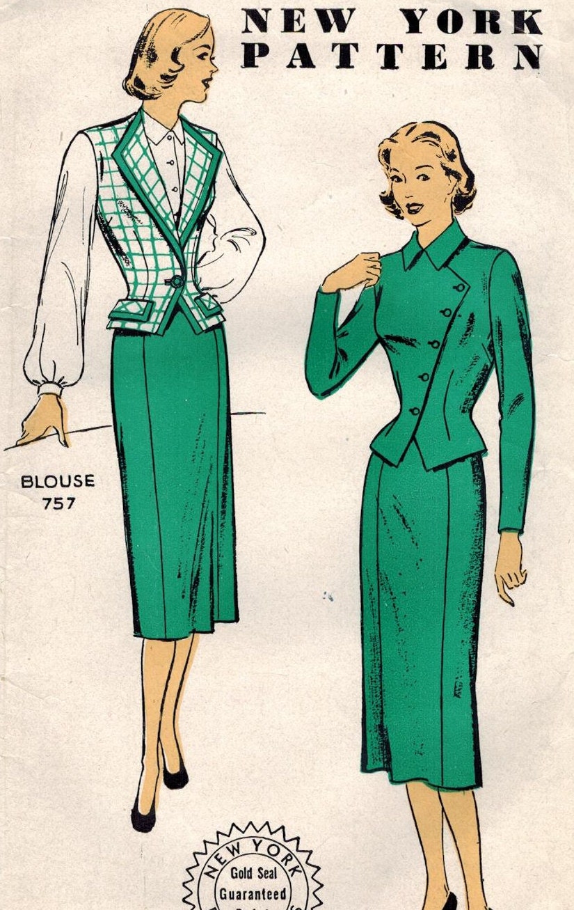 1950s New York 1043 Vintage Sewing Pattern Misses' Skirt, Weskit, and Jacket Size 16 Bust 34