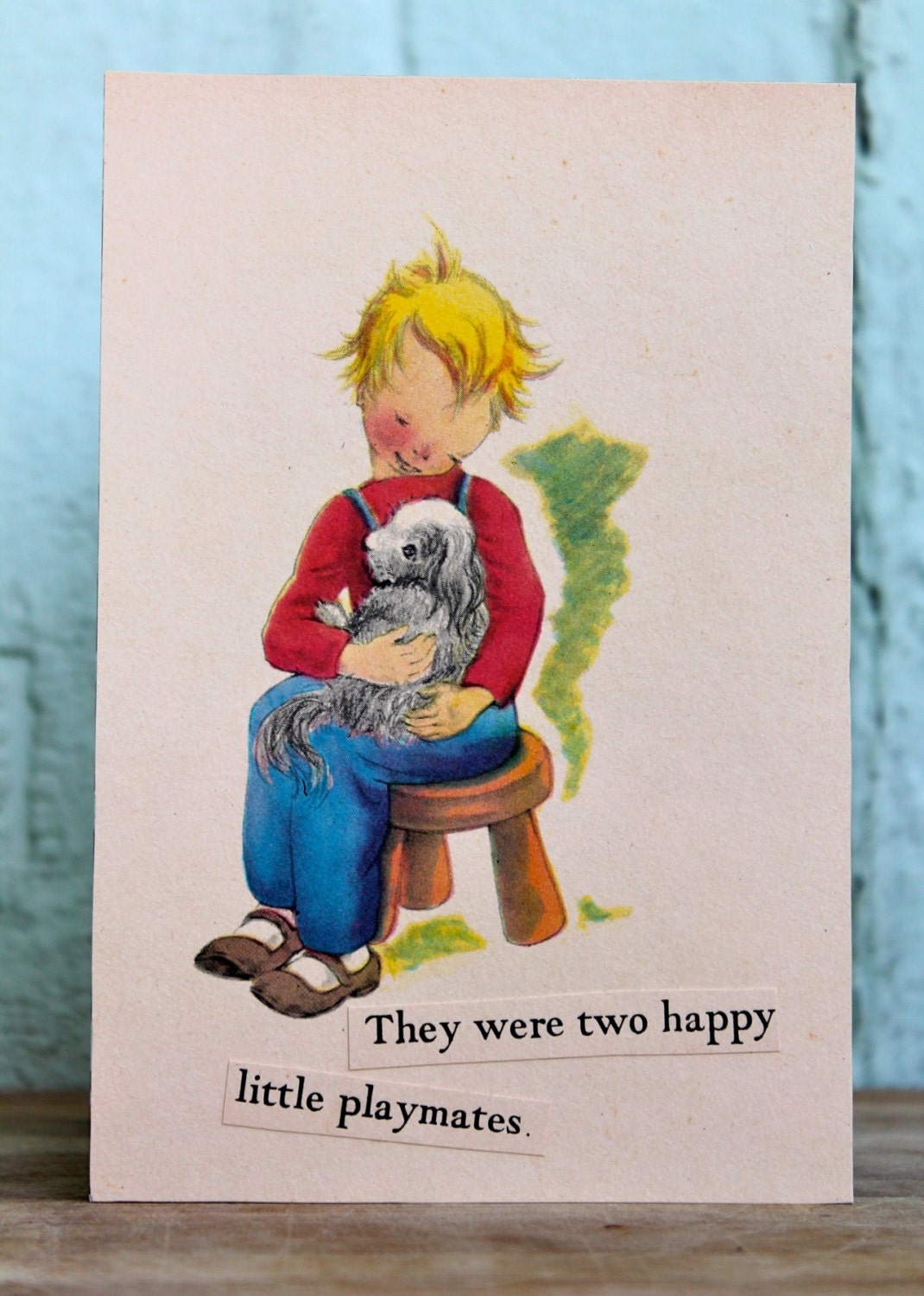 Happy little playmates - boy and puppy handmade card