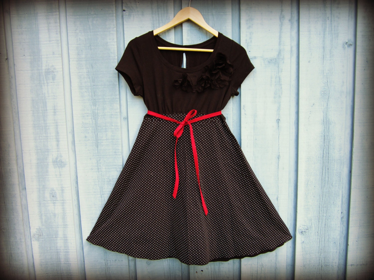 Retro Polka Dot Upcycled Dress// Medium// Black White// Vintage Style Glam // Empire Waist// Recycled Day Dress