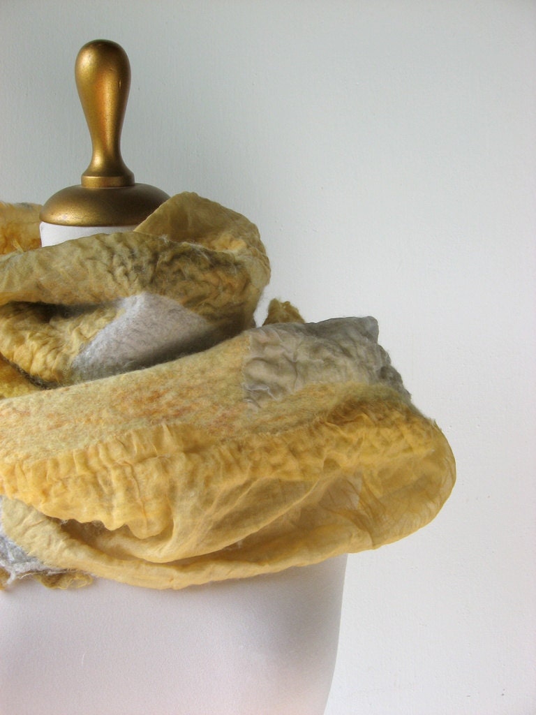 Nuno Felted Silk Organza Scarf Yellow, Lemon Zest and Grey