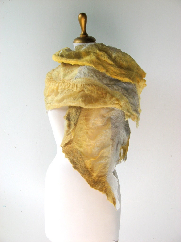 Nuno Felted Silk Organza Scarf Yellow, Lemon Zest and Grey