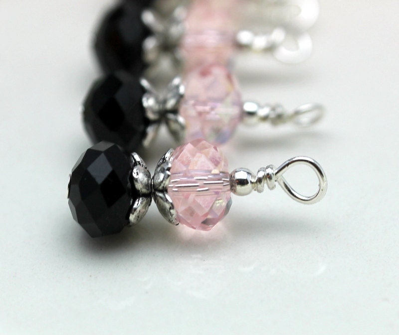 Black and Pink Faceted Rondelle Crystal Bead Dangle Drop Charm Set
