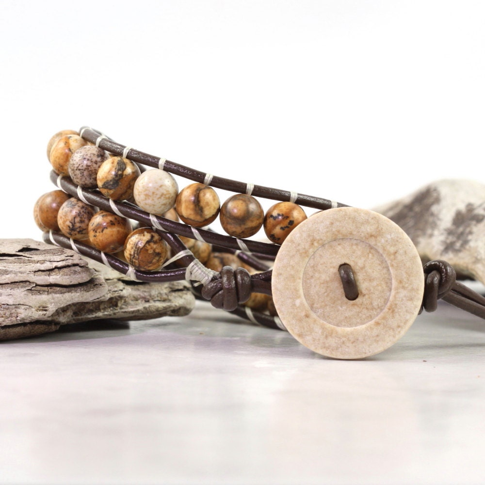 Brown Leather Wrap Bracelet Picture Jasper Summer Fashion Western Style Double Wrap Gemstone Boho Jewelry