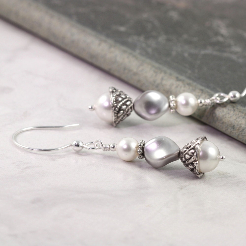 White Pearl Earrings Gray Pearl Jewelry Romantic Bridal Collection Sterling Silver Winter Fashion