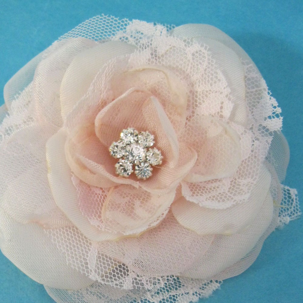 Blush Pink Lace, Organza Rose Hair Clip  C202, budget bridal hair accessory