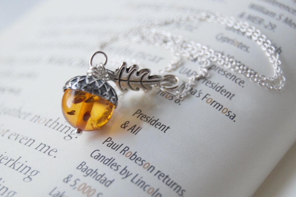 Amber and Silver Acorn Necklace