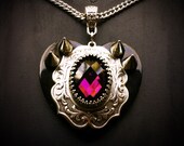Gothic Spike Necklace, Black Heart, Amethyst Crystal Glass Cabochon, Silver Victorian Filigree Setting, Choker Necklace