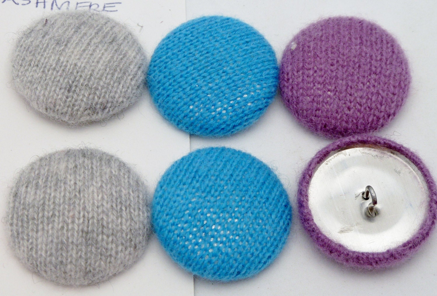Buttons CASHMERE covered 6 gray turquoise lavender shank 1 3/16" recycled 100% cashmere knit fabric ponytail