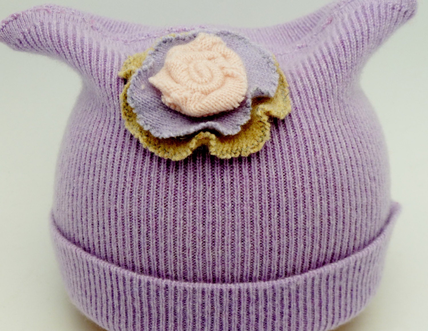 baby CASHMERE hat FREE gift for Mom - recycled eco friendly lilac cashmere flower warm head clothing