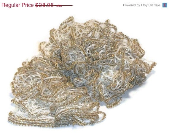 Hand Knit Lacy Ruffled Scarf - Ivory and Gold Metalic Trim - Fashion Accessory - Made to Order
