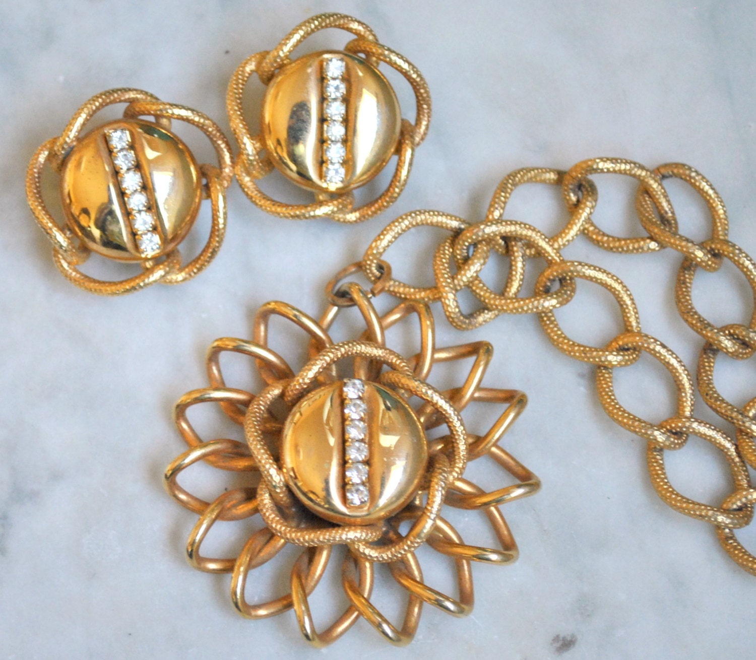 Cool Retro Gold Pendant with Rhinestones and Matching Earrings