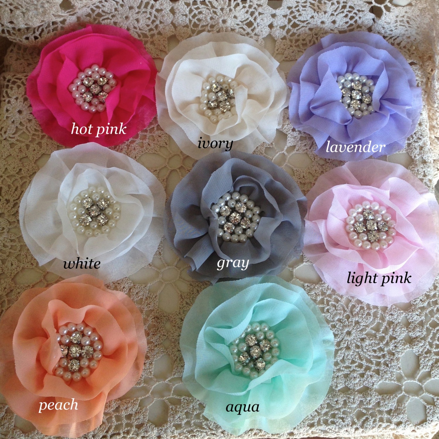 FLOWERS-Rhinestone and Pearl Center-Your CHOICE of EIGHT----4 inches wide