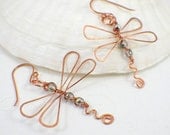 Dragonfly earrings vitral silver glass copper wire wrapped dangle large
