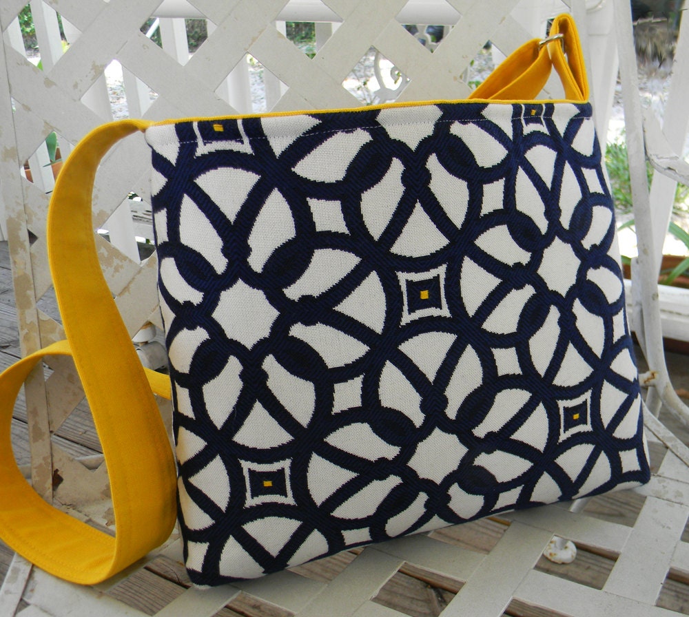 Hipster Bag Cross Body Bag   with Adjustable Strap  Navy Blue with yellow