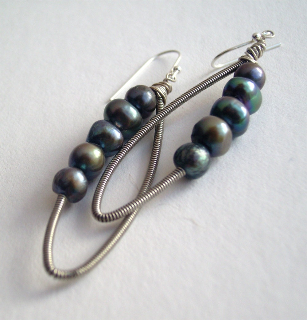Guitar String Earrings - Upcycled Silver Guitar Strings and Freshwater Pearls
