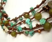 Wraparound Long Necklace / Bracelet - Crochet Turquoise Olive Green and Copper on brown cotton -  Boho Bohemian Bright Colorful Crochet