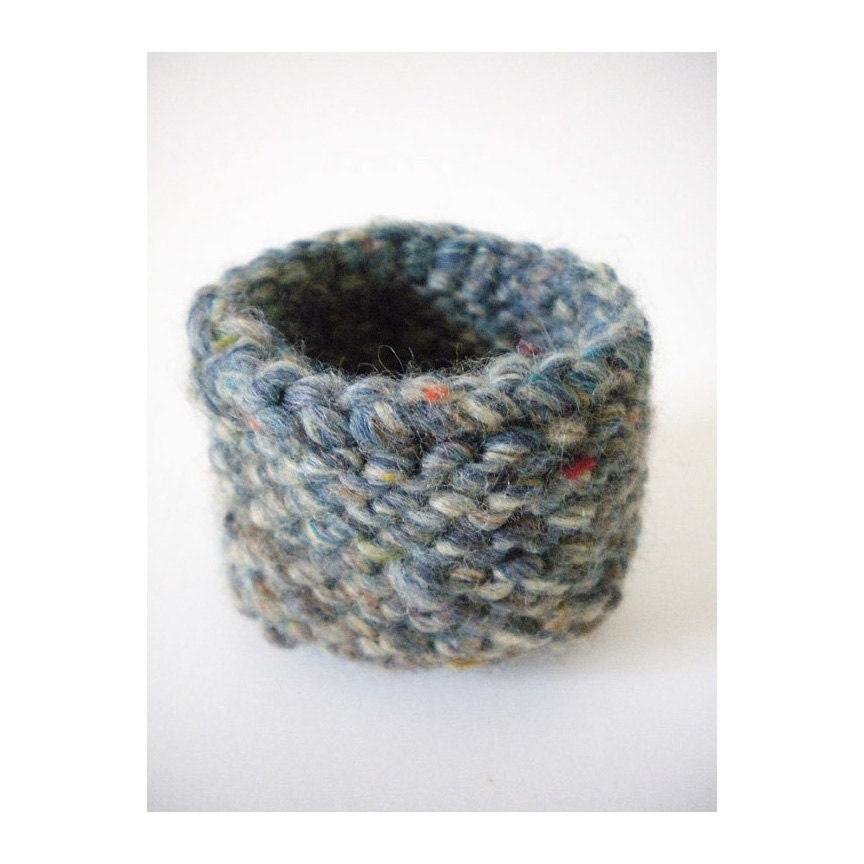 SALE 1/2 OFF - Knitted Mini Basket - Slate Blue Grey Tweed - Hand Knit Small Bowl - Business Card Caddy