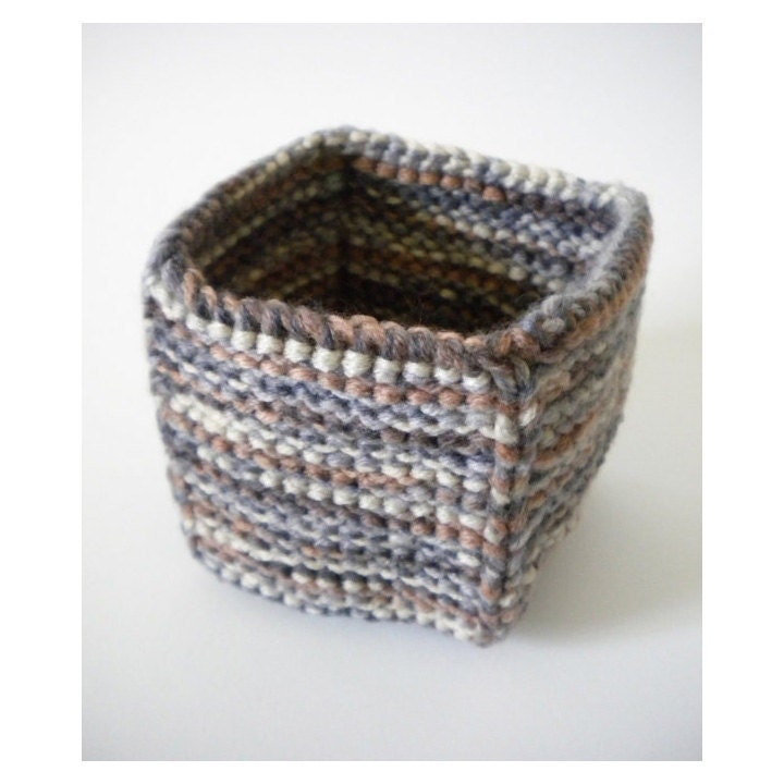 SALE 1/2 OFF - Knitted Box - Square Cube Neutral Grey Tan Cream - Hand Knit Small Box