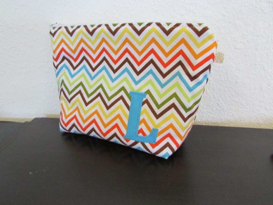 9" Zippered Chevron Pouch - Cosmetic Case - Padded Case - Warm Rainbow Chevron - Green Yellow Orange Blue