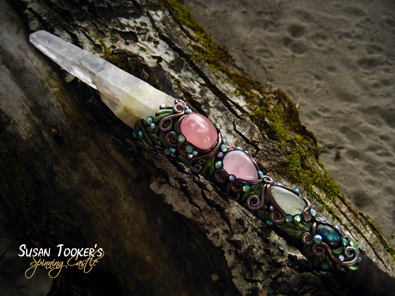 Crystal Magic Wand Gemsbok Horn Rose Quartz Labradorite Tribal Pagan Altar Wiccan Ritual ISOLDE of the WHITE HANDS by Spinning Castle