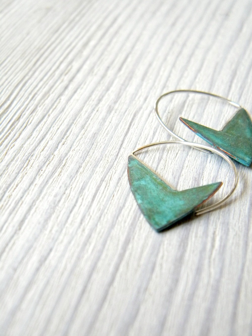 Geometric Verdigris Earrings - handmade copper and sterling silver dangle earrings with verdigris patina, Etsy