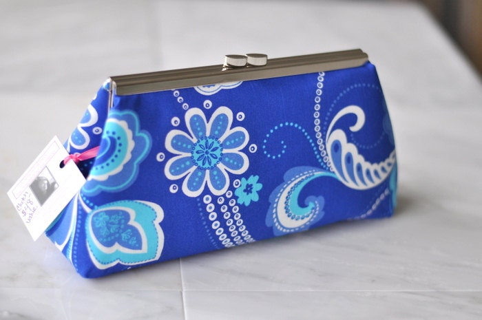 Clutch Purse , Blue floral with  blue dots, FREE SHIP