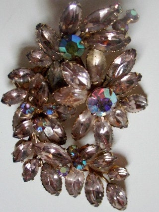Vintage Large Smokey Rhinestone Brooch in Cascading Floral Design