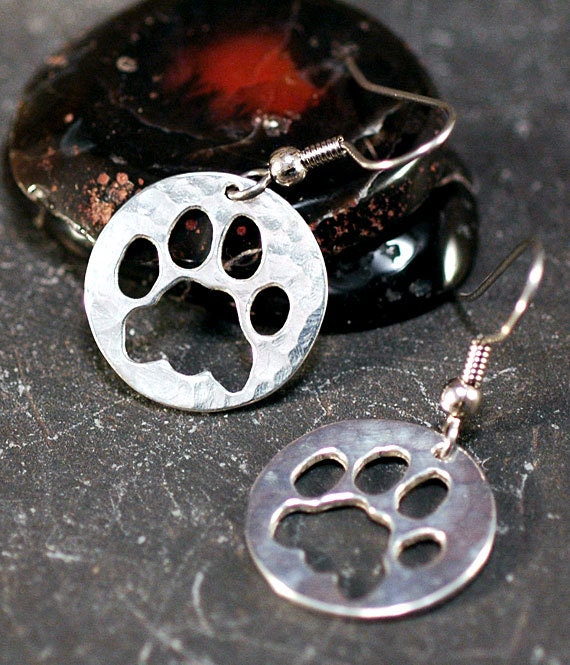 Cougar Paw Print Pierced Earrings - hammered sterling silver