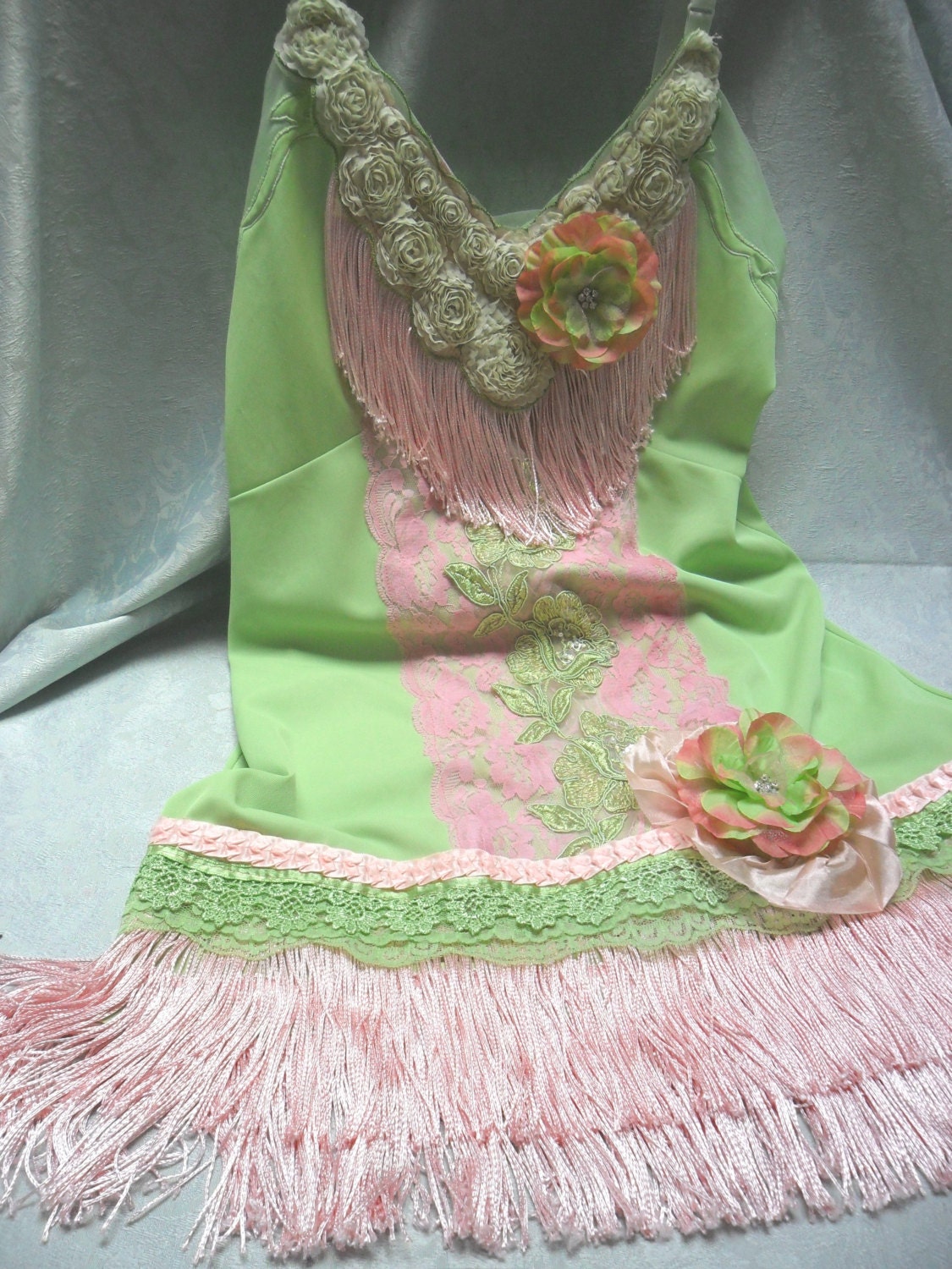 FLAPPER Great Gatsby 1920s Jazz Age Speakeasy Roaring 20s - Vintage Slip Make Over - Kiwi and Pink