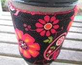 Handmade Cup or Coffee Cozy or Sleeve Red, Pink, Orange, and Black Flowers and Paisley