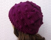 Magenta Slouchy Crochet Hat - Womens Slouch Beanie - Oversized Cap with Bobbles - Chunky Hat