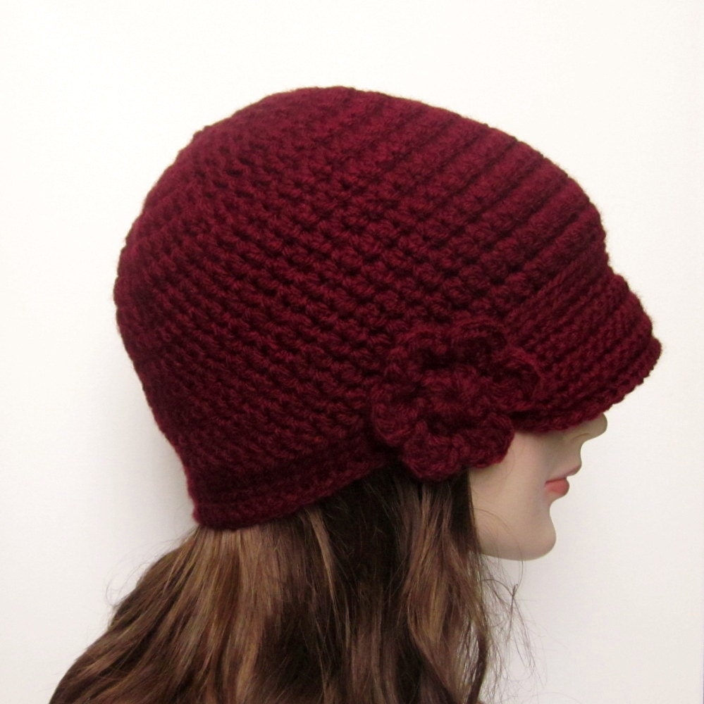 Wine Crochet Hat - Womens Visor Beanie - Ladies Burgundy Cap with Flower - Spring Fashion