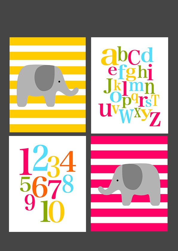 Elephant, ABC, and numbers - set of four - nursery playroom baby shower - digital prints - 8x10 on A4