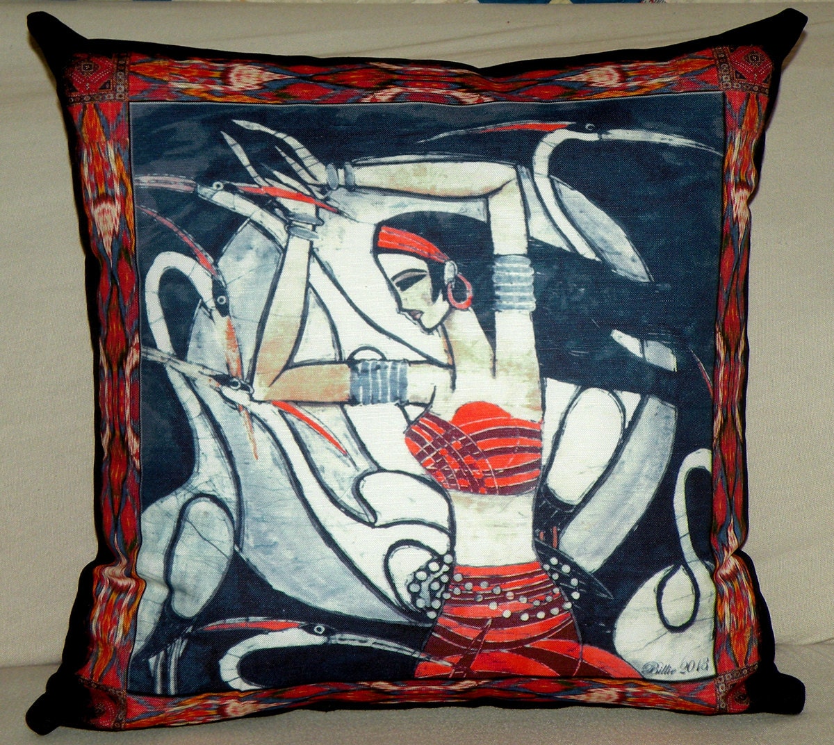 Designer Pillow Cover - "Egret Dancer red" Fiber Art - Ikat - suzani - Designer - Hand Made - Fits 18x18 Insert - original design