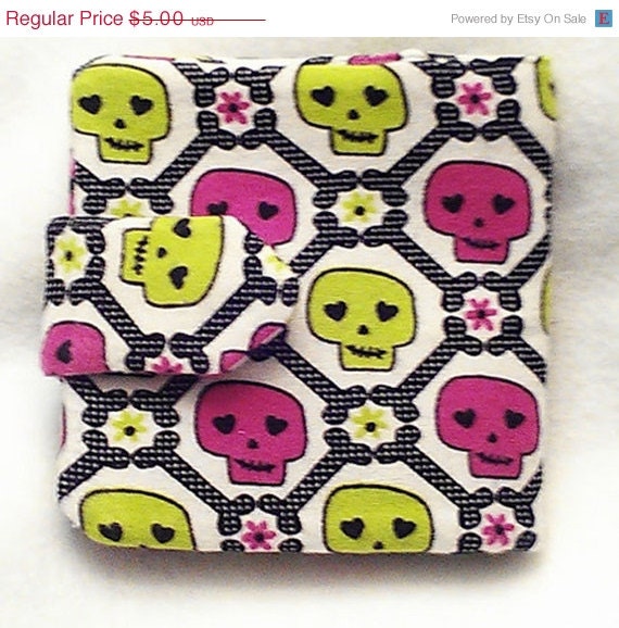 SALE Crayon wallet- Green and pink skulls crayon roll  Perfect birthday party favor Quantity discount, choose your fabric