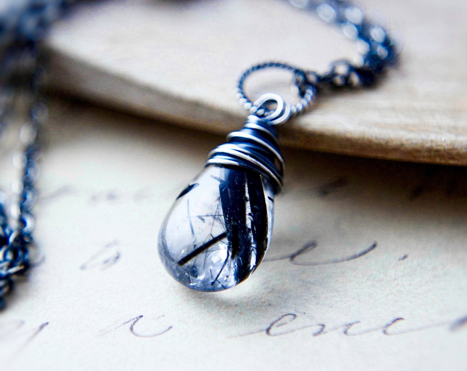 Tourmalinated Quartz Drop Pendant Sterling Silver Wire Wrapped Black White PoleStar
